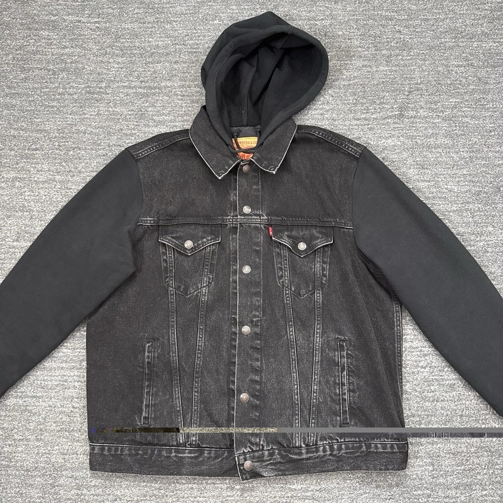 Levis Hybrid Hooded Denim Trucker Hoodie Jean Jacket Men Large Black Vintage Fit